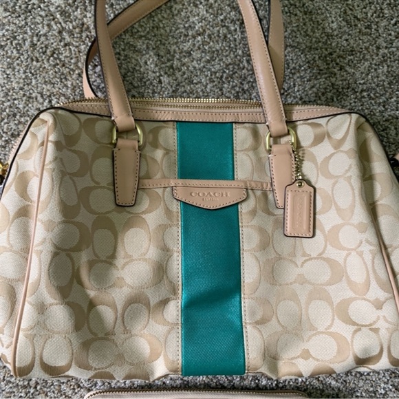 Coach Signature Stripe Khaki Emerald green shoulder Crossbody wallet Bundle EUC - Picture 2 of 11